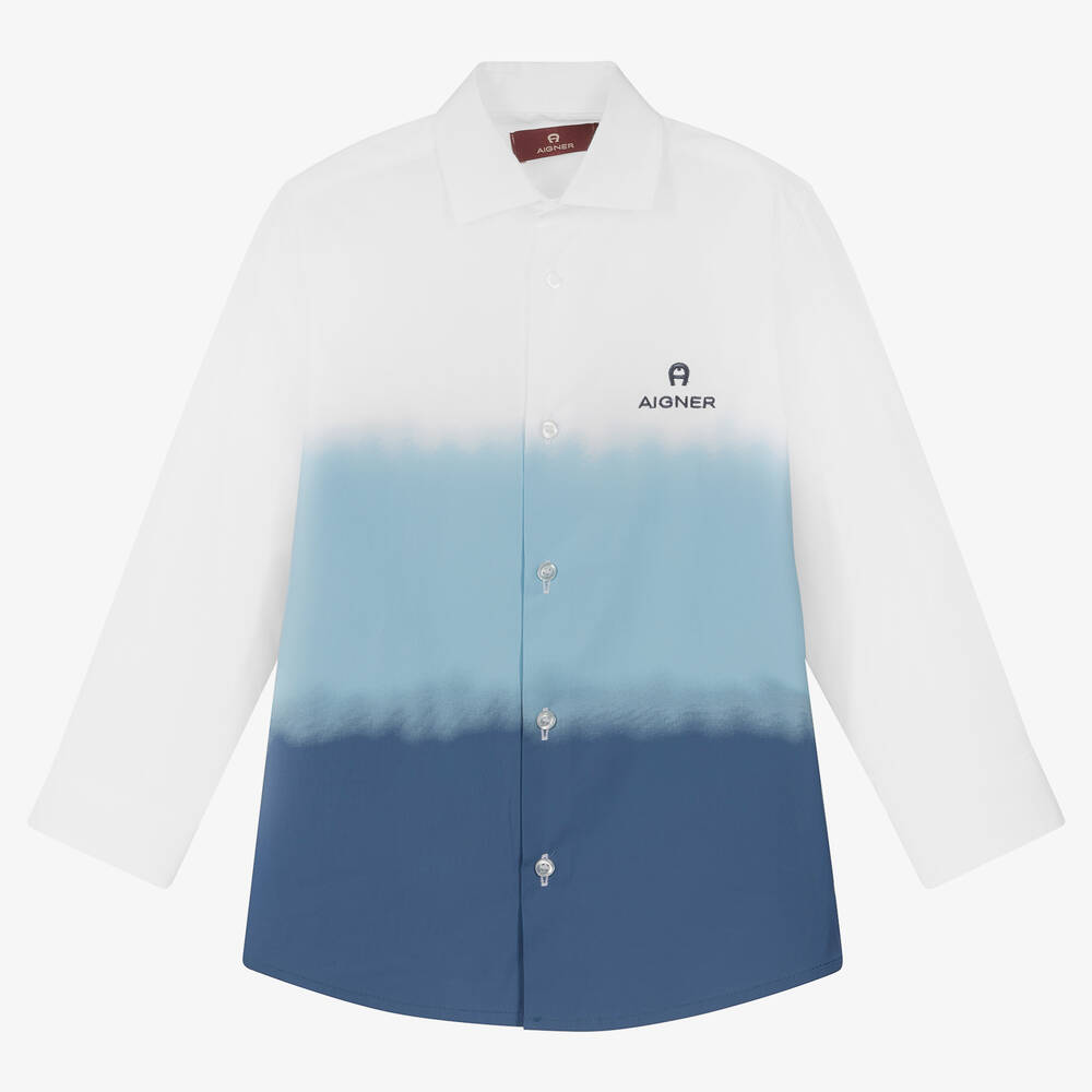 AIGNER - Boys White & Blue Ombré Cotton Shirt | Childrensalon