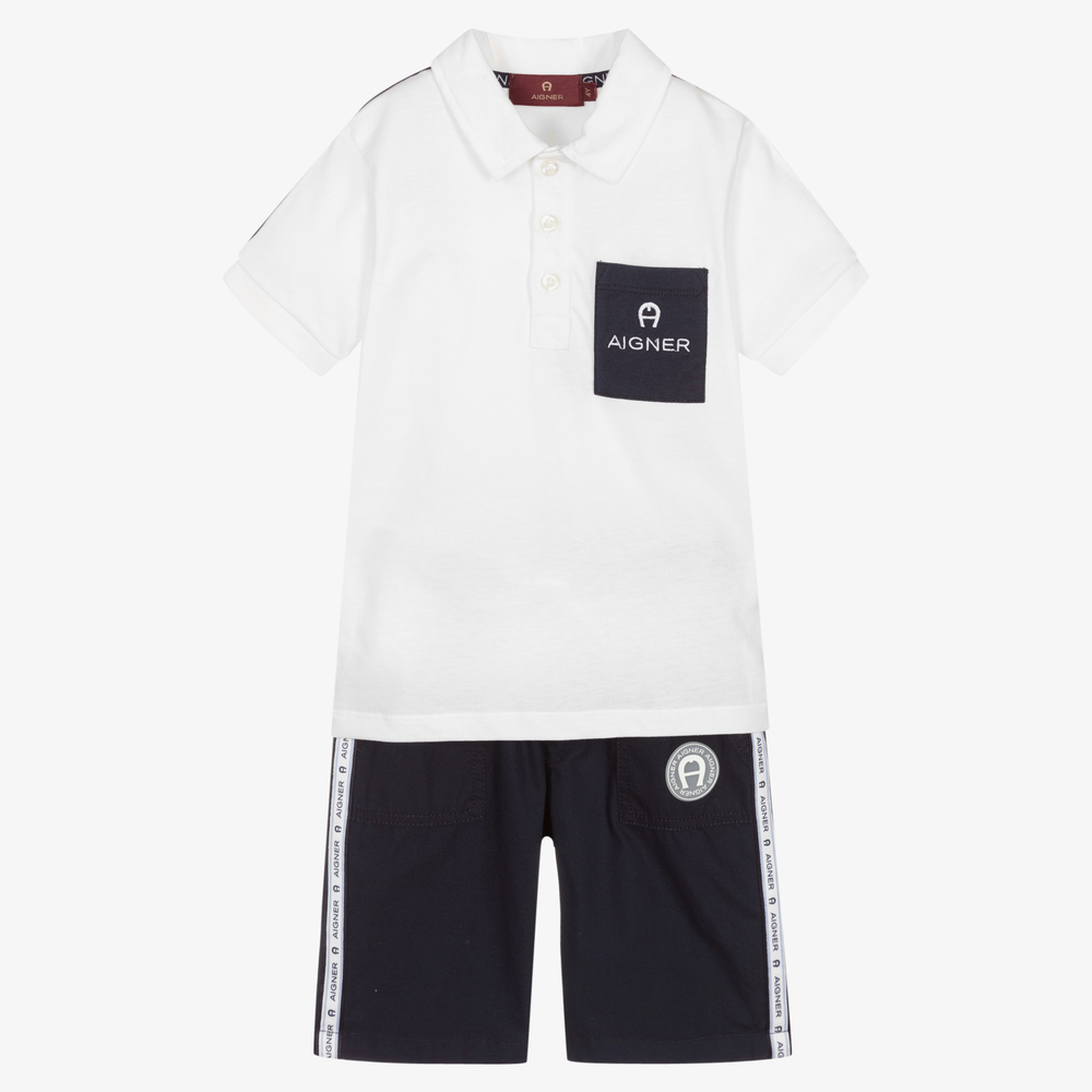 AIGNER - Boys White & Blue Shorts Set | Childrensalon