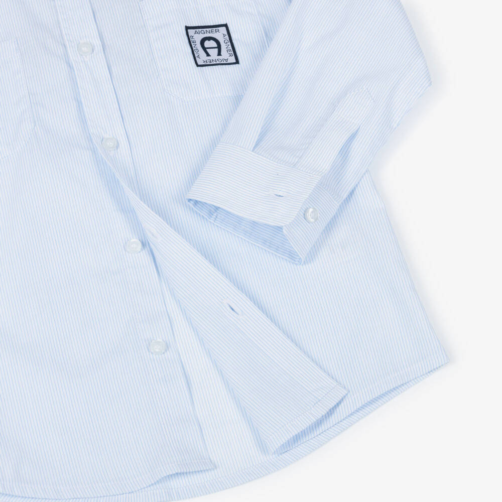 AIGNER-Boys White & Blue Striped Cotton Poplin Shirt | Childrensalon Outlet