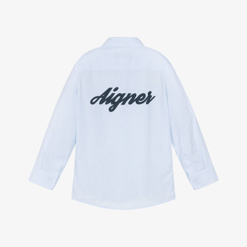 AIGNER-Boys White & Blue Striped Cotton Poplin Shirt | Childrensalon Outlet