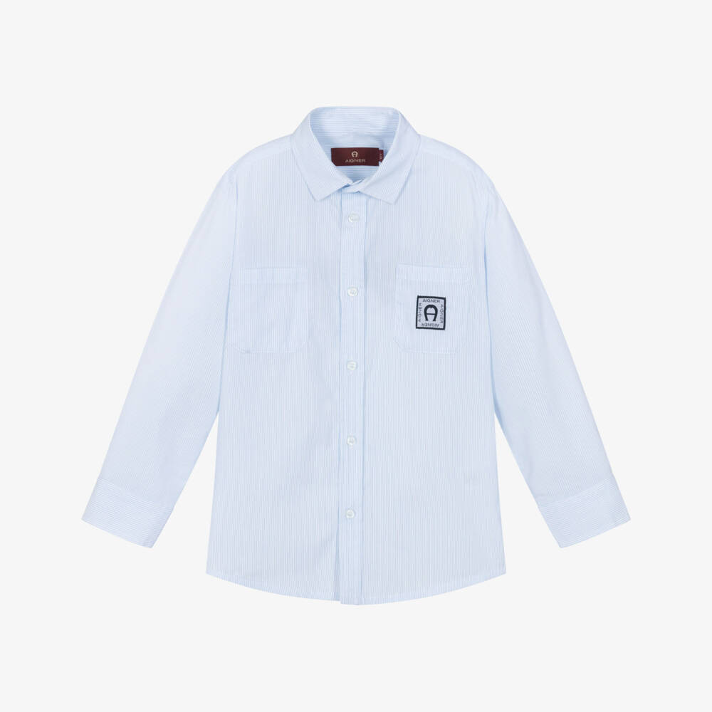 AIGNER-Boys White & Blue Striped Cotton Poplin Shirt | Childrensalon Outlet