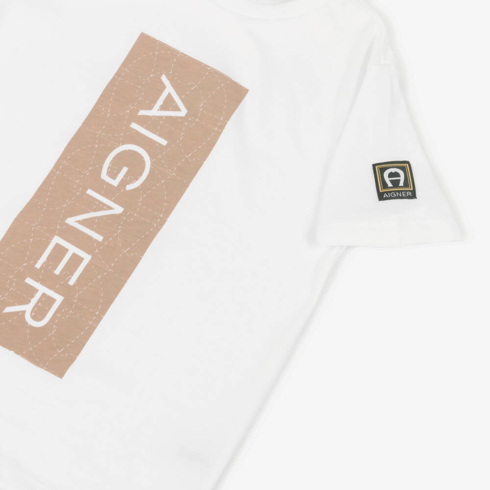 AIGNER-Boys White & Brown Logo Cotton Jersey T-Shirt | Childrensalon Outlet