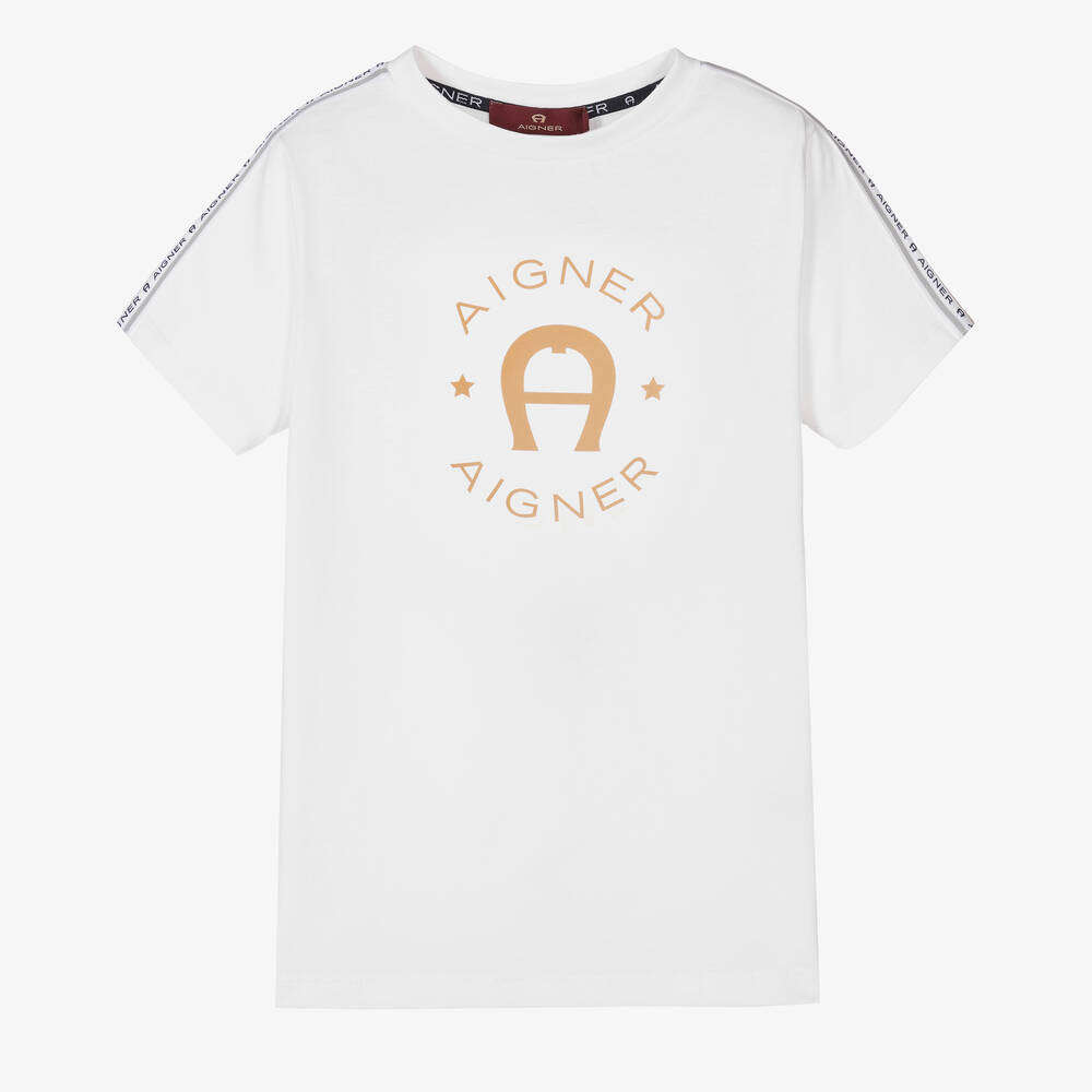 AIGNER-Boys White Cotton Flock Logo T-Shirt | Childrensalon Outlet