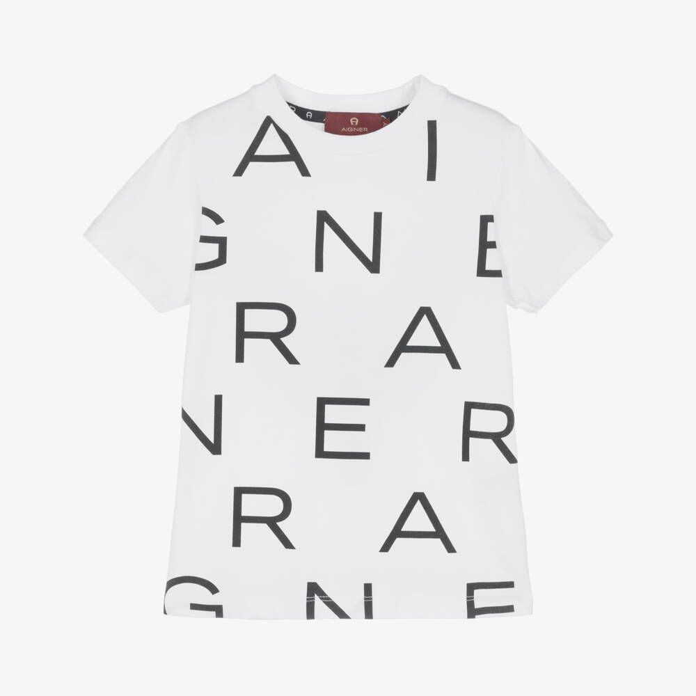AIGNER-Boys White Cotton Logo Letters T-Shirt | Childrensalon Outlet