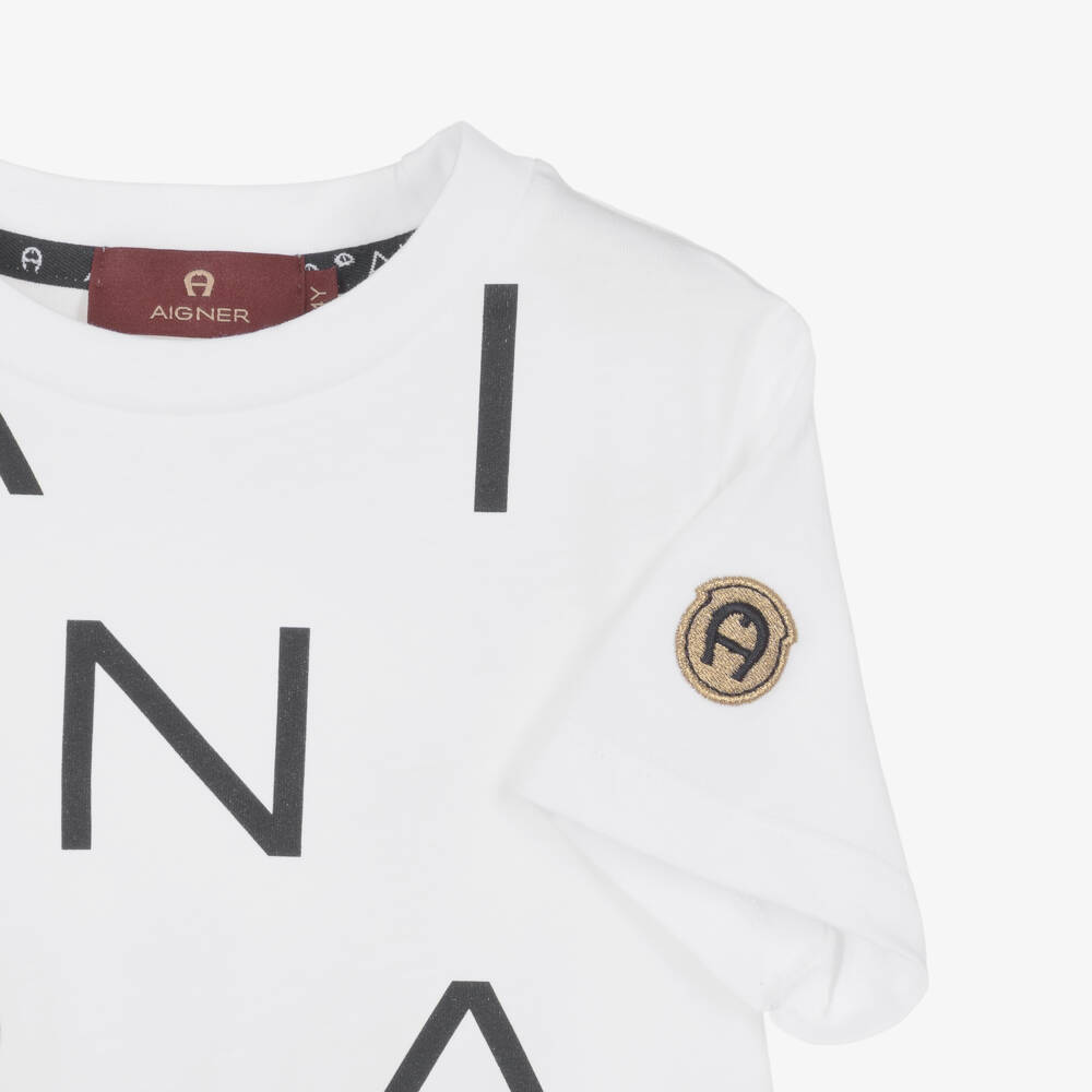 AIGNER-Boys White Cotton Logo Letters T-Shirt | Childrensalon Outlet