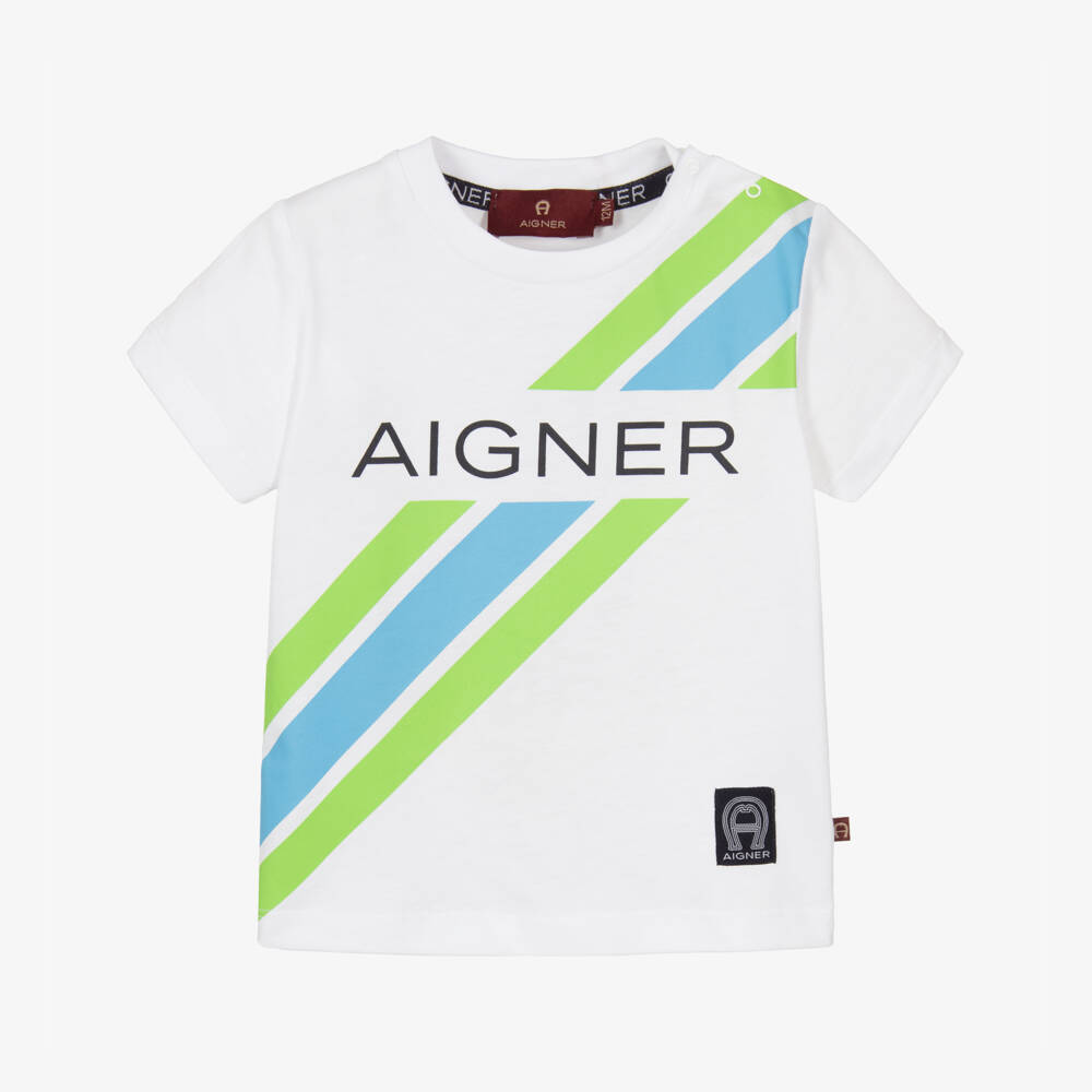 AIGNER-Boys White Cotton Logo T-Shirt with Green & Blue Stripes | Childrensalon Outlet
