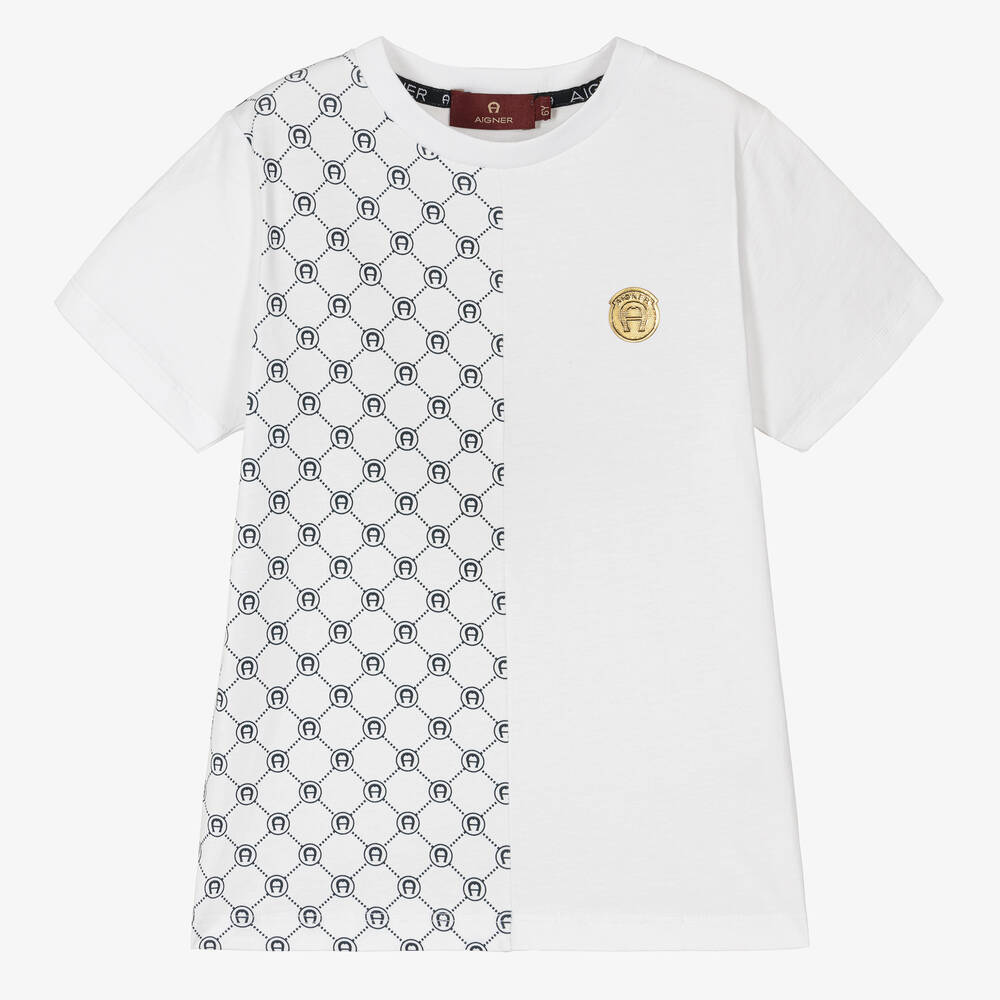 AIGNER - Boys White Cotton Monogram T-Shirt | Childrensalon
