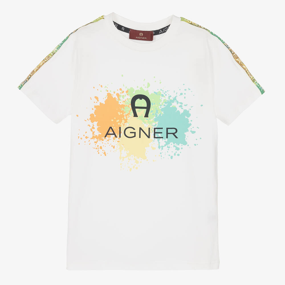 AIGNER - Boys White Cotton Paint Splash T-Shirt | Childrensalon