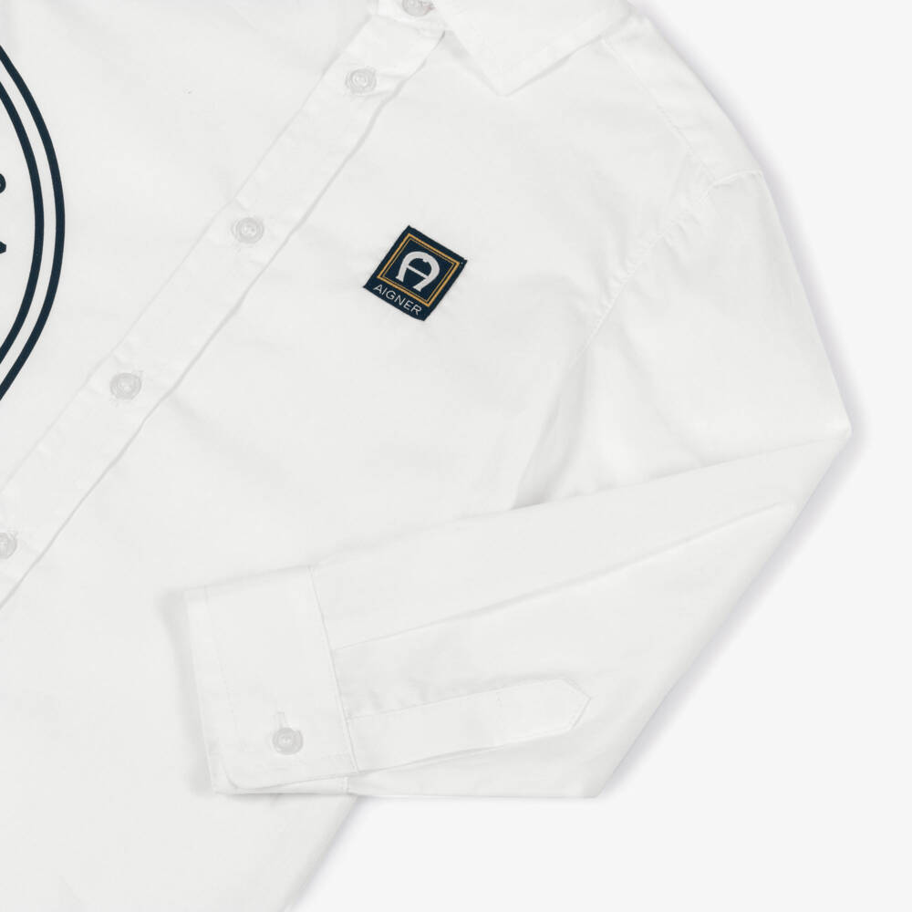 AIGNER-Boys White Cotton Shirt with Black Logo Print | Childrensalon Outlet