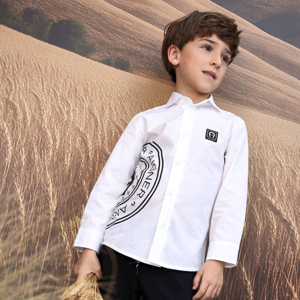 AIGNER-Boys White Cotton Shirt with Black Logo Print | Childrensalon Outlet