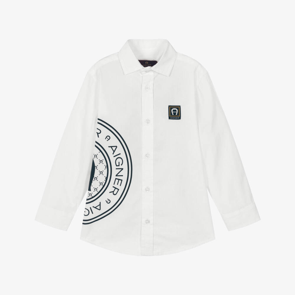 AIGNER-Boys White Cotton Shirt with Black Logo Print | Childrensalon Outlet