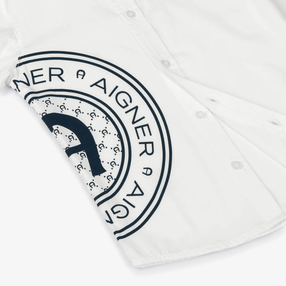 AIGNER-Boys White Cotton Shirt with Black Logo Print | Childrensalon Outlet