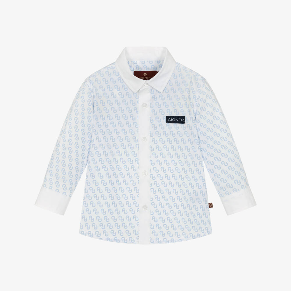 AIGNER-Boys White Cotton Shirt with Blue Logo Pattern | Childrensalon Outlet