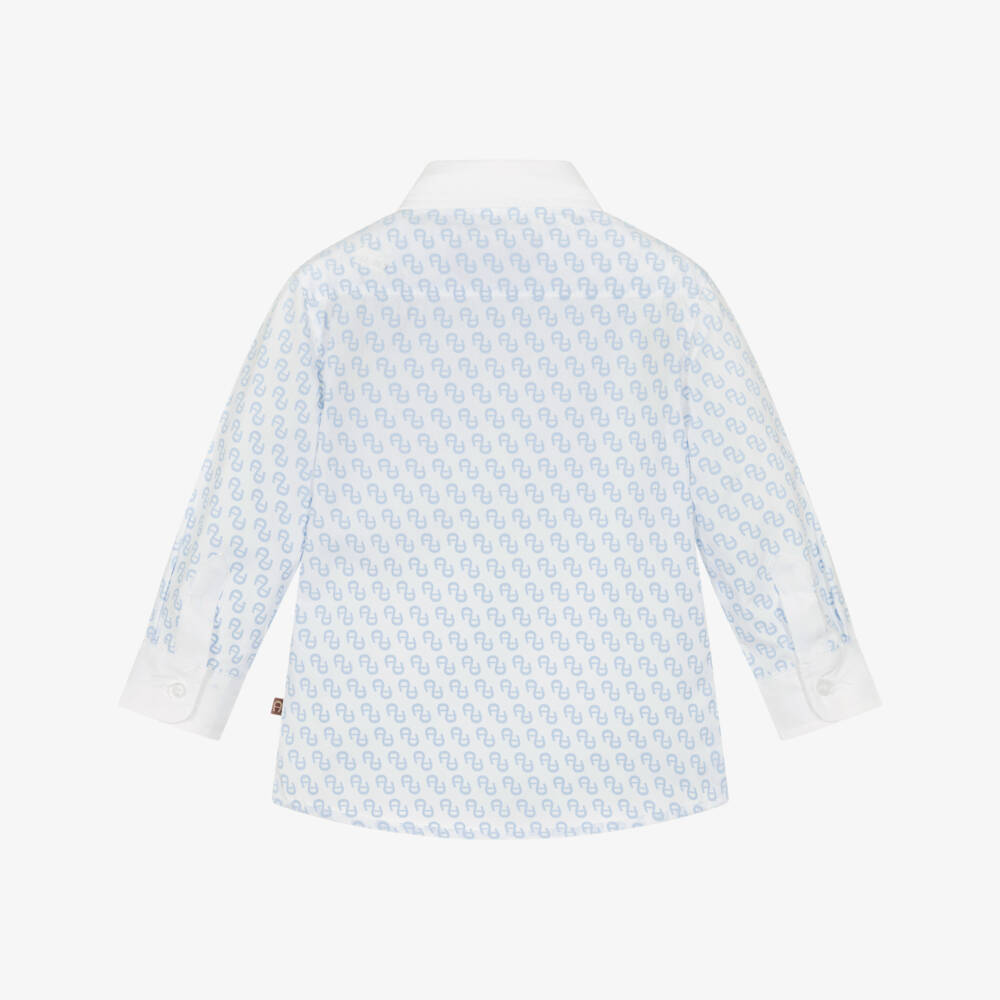 AIGNER-Boys White Cotton Shirt with Blue Logo Pattern | Childrensalon Outlet