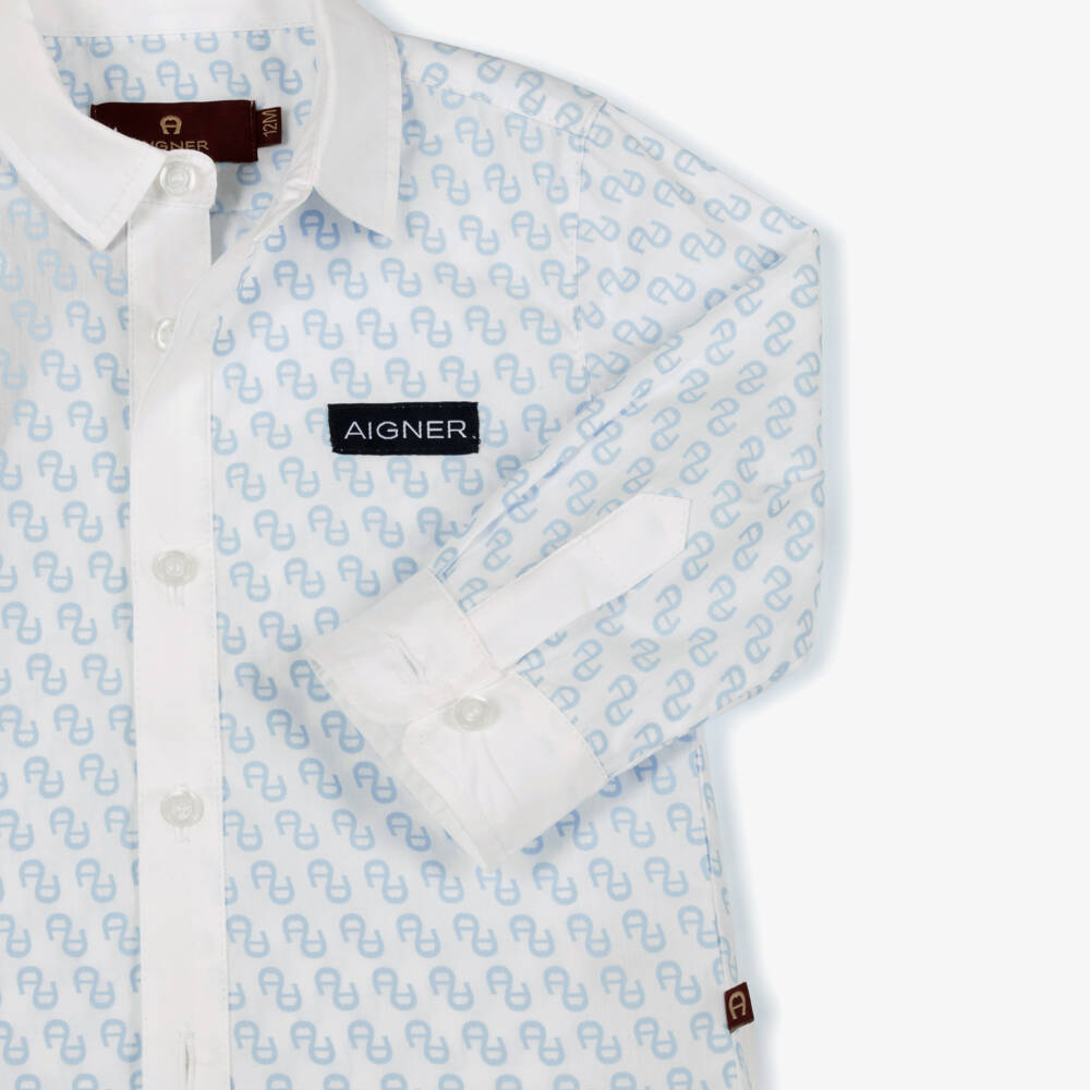 AIGNER-Boys White Cotton Shirt with Blue Logo Pattern | Childrensalon Outlet