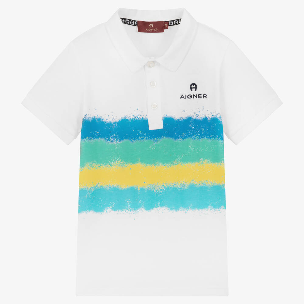AIGNER - Белая хлопковая рубашка поло с принтом-краской | Childrensalon
