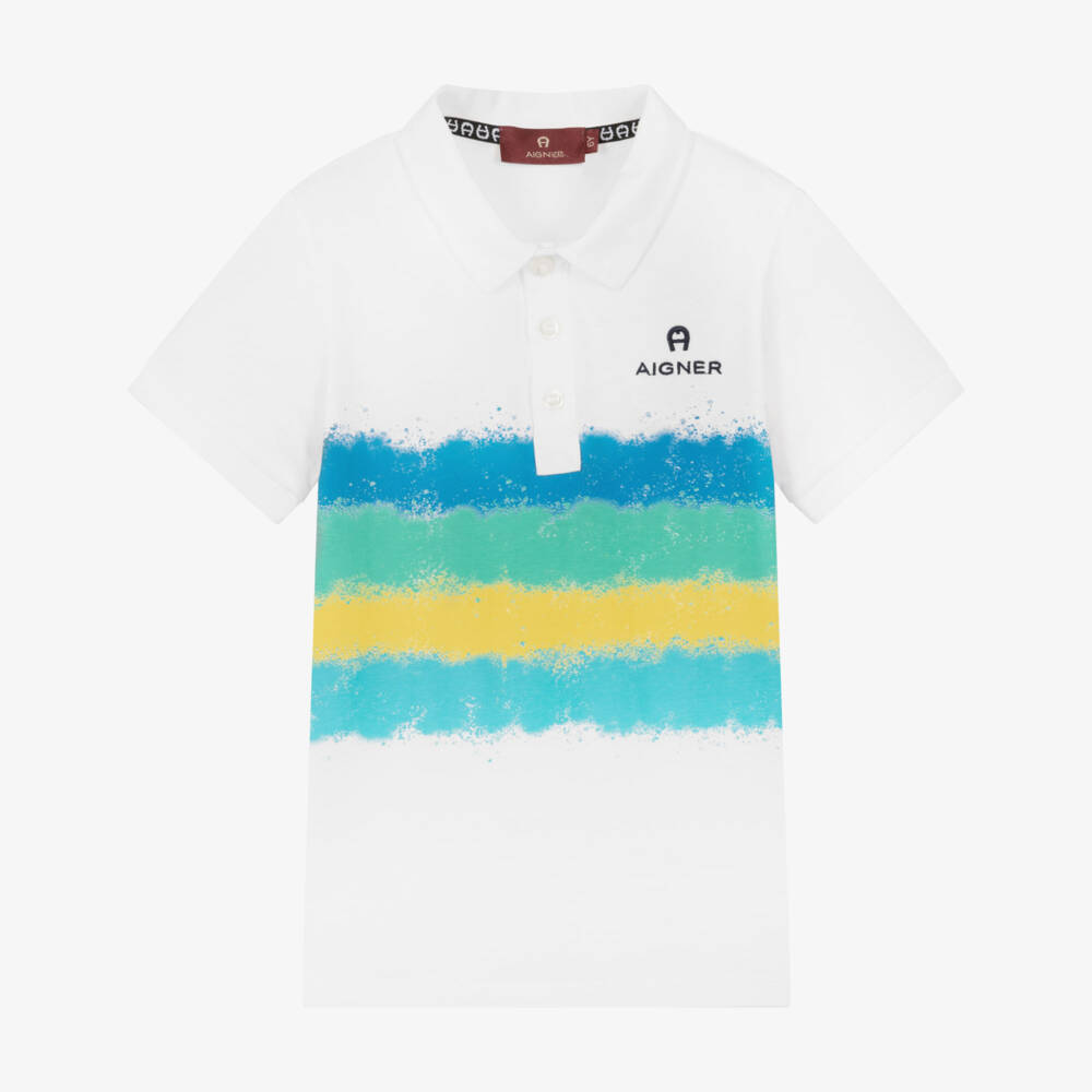 AIGNER-Boys White Cotton Spray Paint Polo Shirt | Childrensalon Outlet