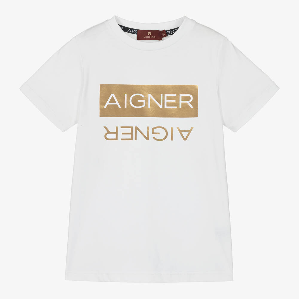 AIGNER-Boys White Cotton T-Shirt | Childrensalon Outlet