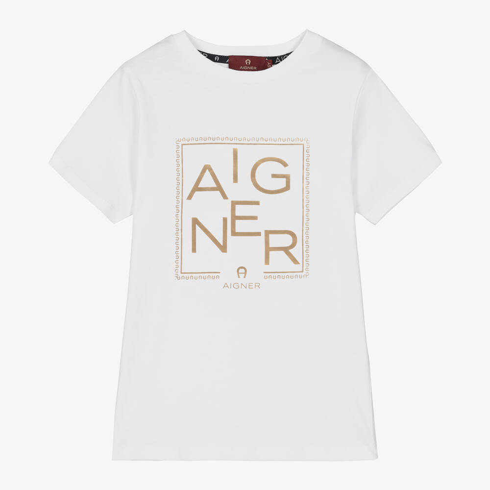 AIGNER-Boys White Cotton T-Shirt | Childrensalon Outlet