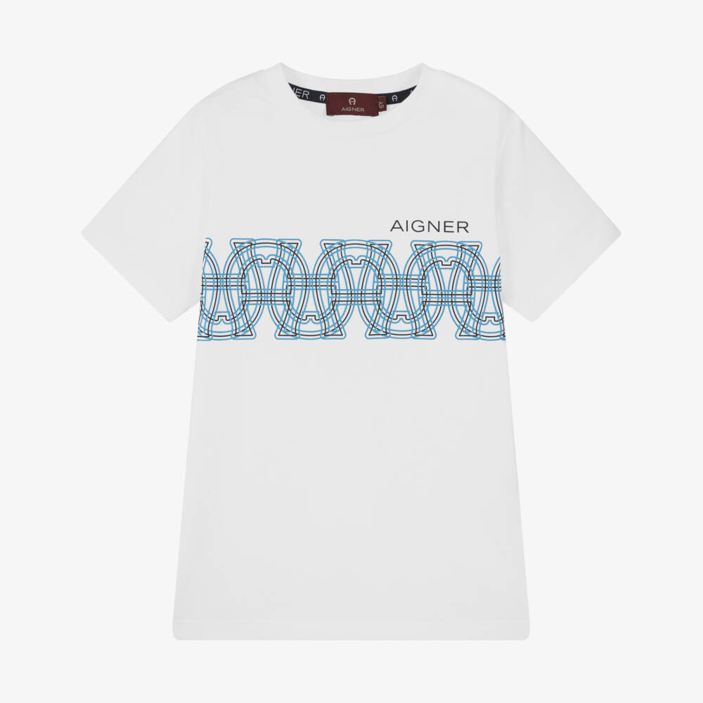 AIGNER-Boys White Cotton T-Shirt with a Blue Logo Pattern | Childrensalon Outlet