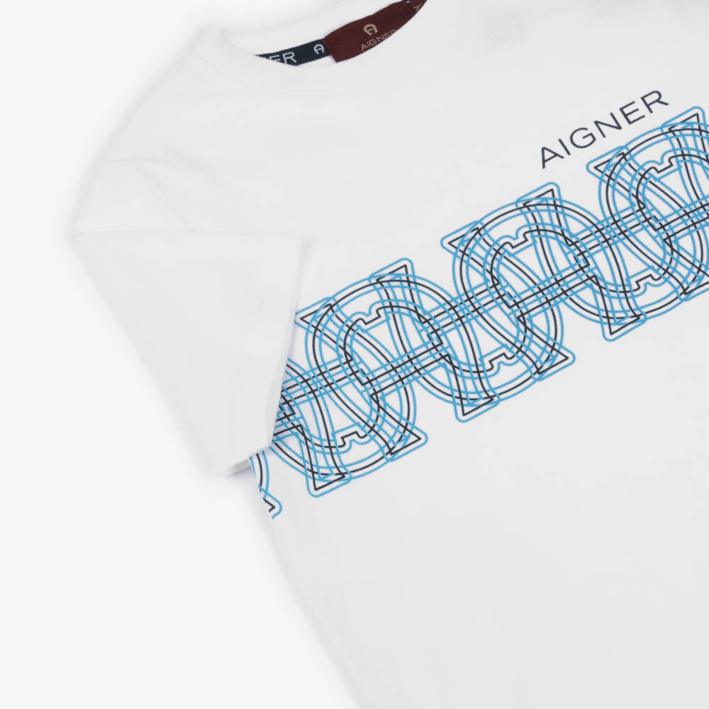 AIGNER-Boys White Cotton T-Shirt with a Blue Logo Pattern | Childrensalon Outlet