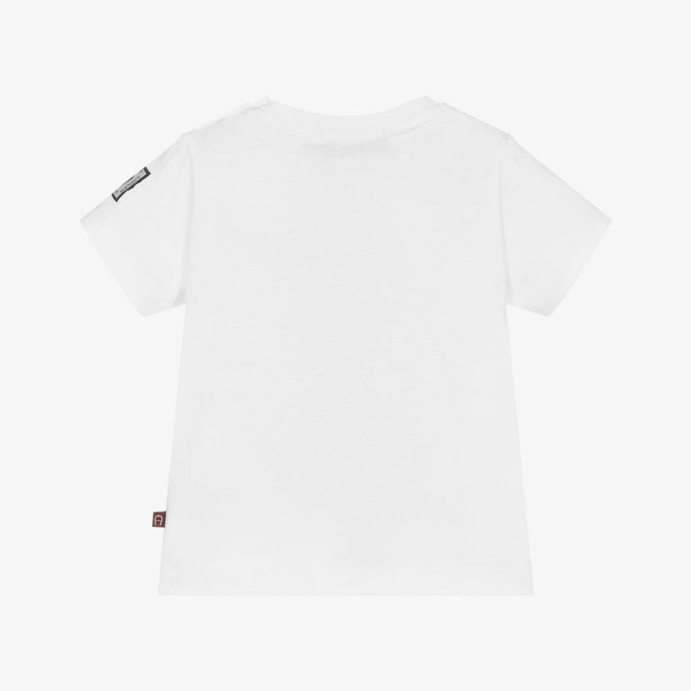 AIGNER-Boys White Cotton T-Shirt with Green Logo Print | Childrensalon Outlet
