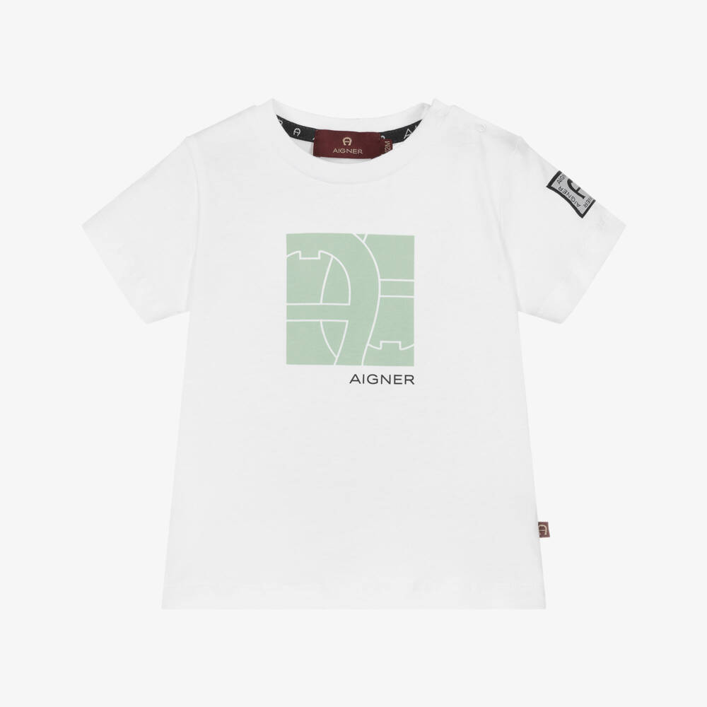 AIGNER-Boys White Cotton T-Shirt with Green Logo Print | Childrensalon Outlet