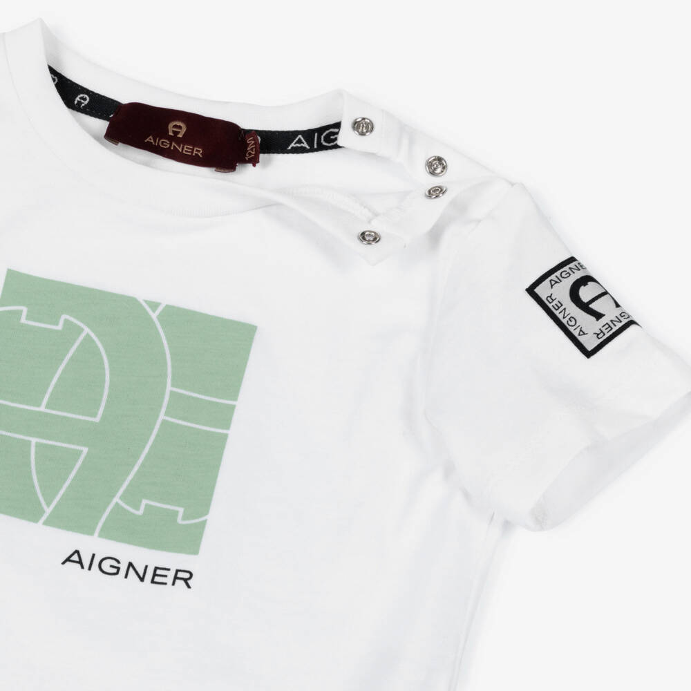 AIGNER-Boys White Cotton T-Shirt with Green Logo Print | Childrensalon Outlet