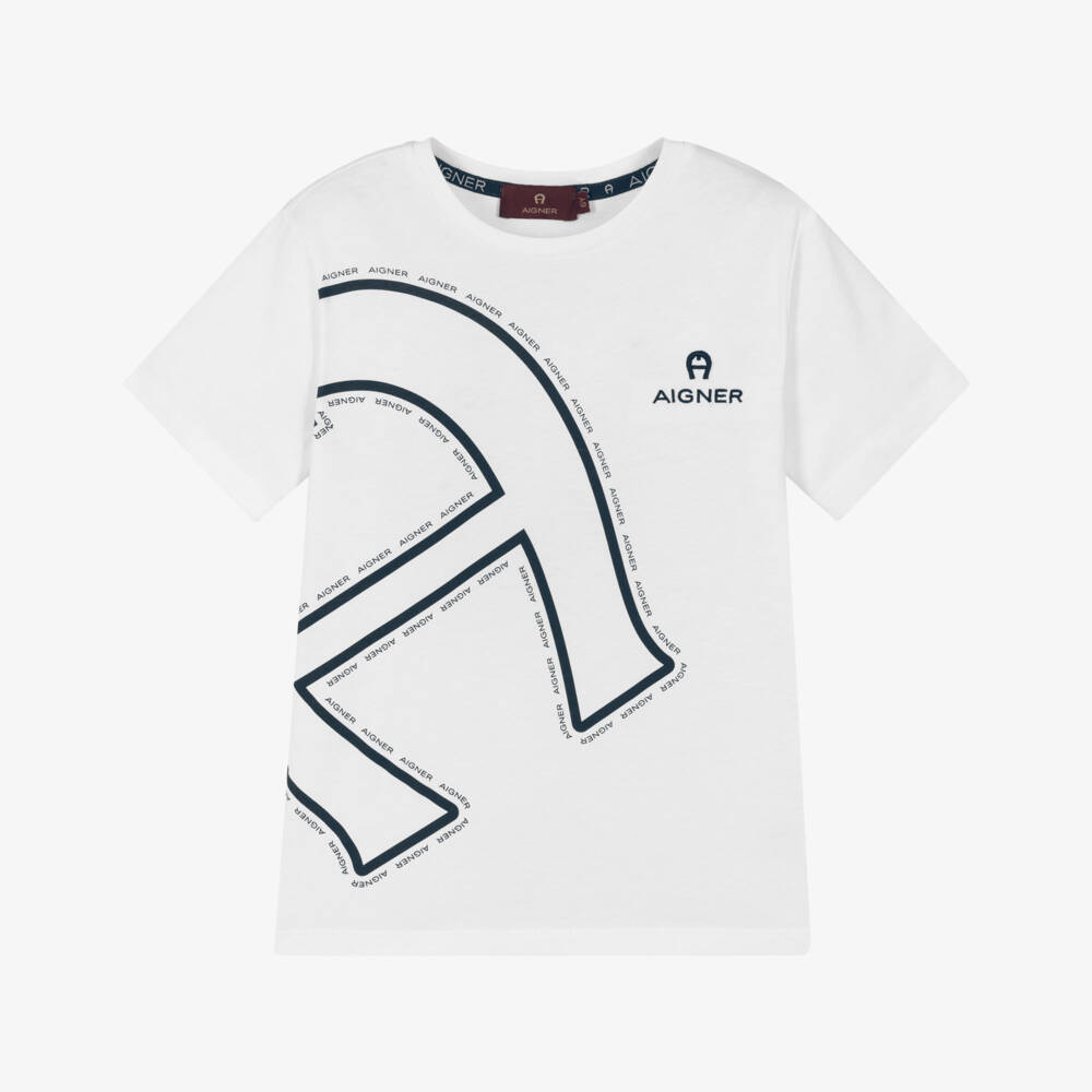 AIGNER-Boys White Cotton T-Shirt with Oversized Logo Print | Childrensalon Outlet