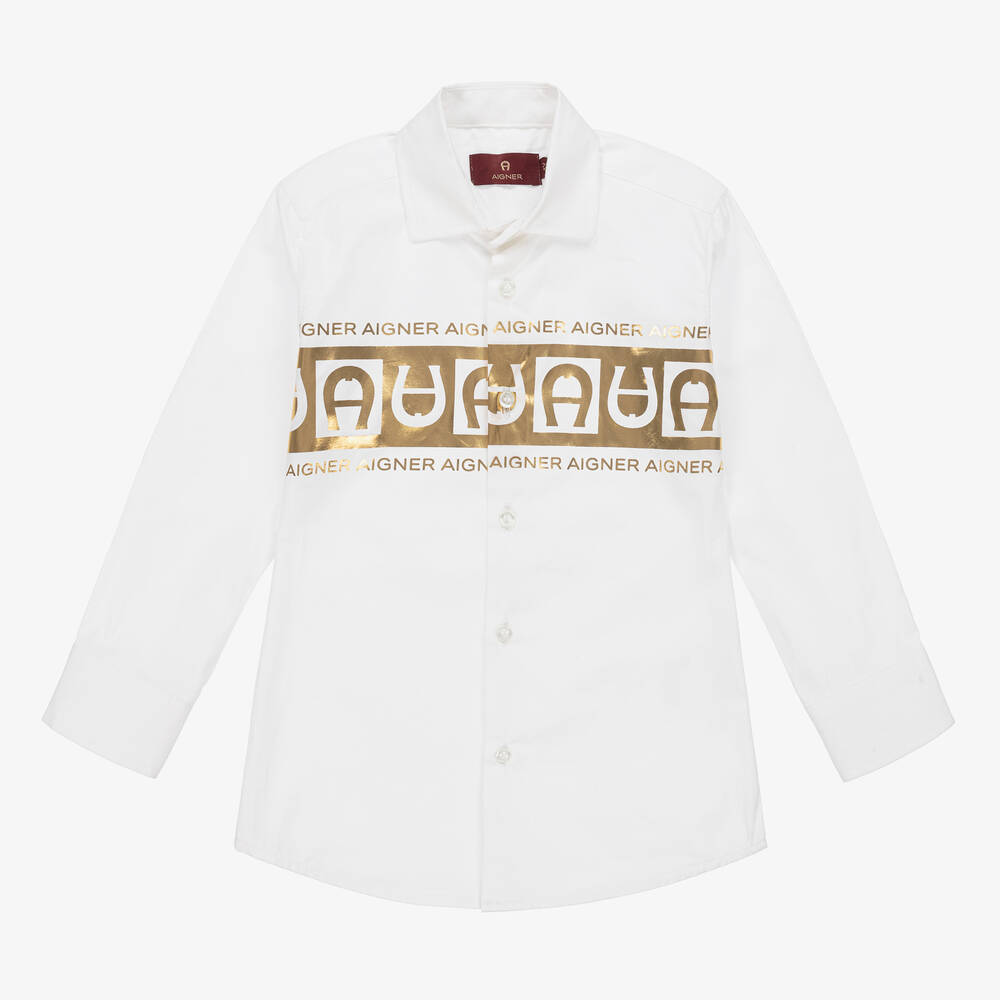 AIGNER-Бело-золотистая рубашка из хлопка для мальчиков | Childrensalon Outlet