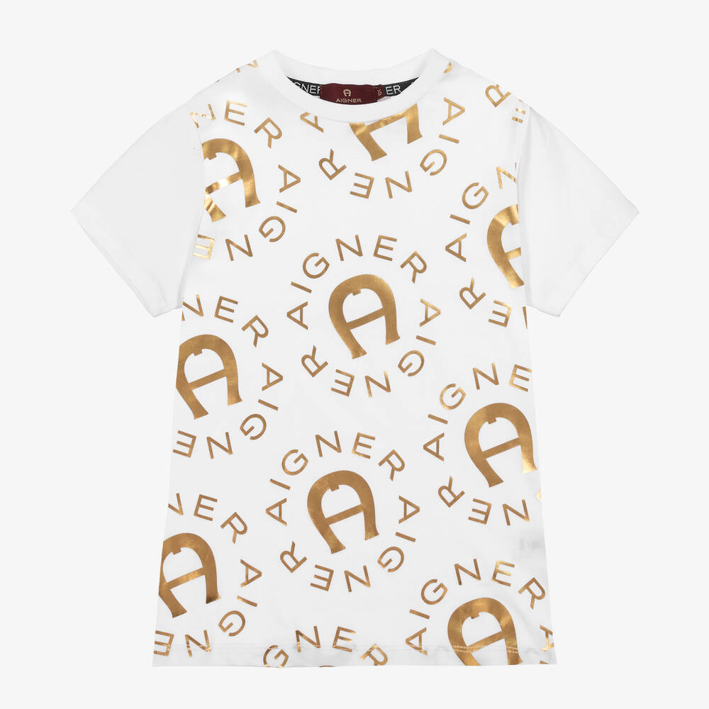 AIGNER-Boys White & Gold Cotton T-Shirt | Childrensalon Outlet