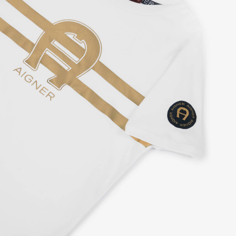 AIGNER-Boys White & Gold Horseshoe Logo T-Shirt | Childrensalon Outlet