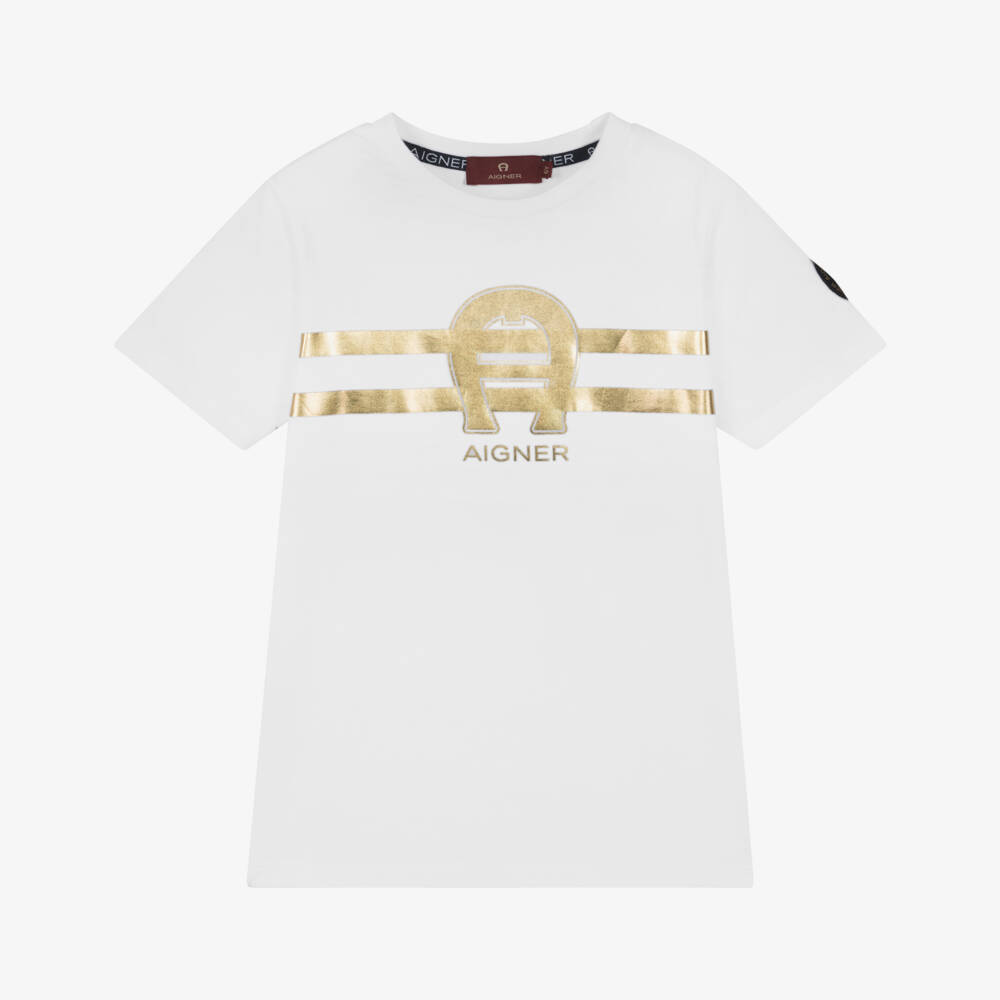 AIGNER-Boys White & Gold Horseshoe Logo T-Shirt | Childrensalon Outlet