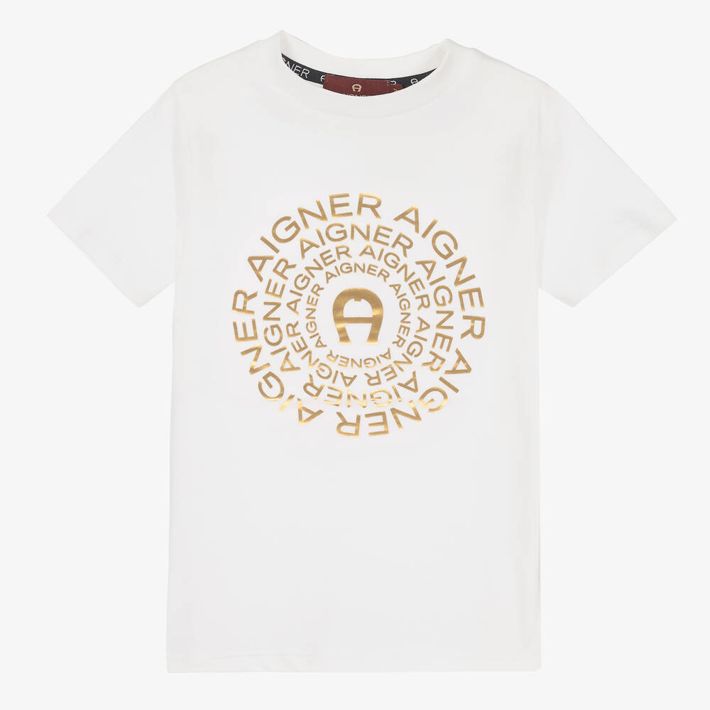 AIGNER-Boys White & Gold Logo T-Shirt | Childrensalon Outlet