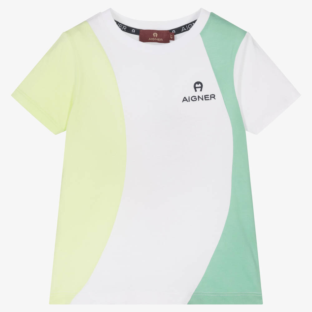 AIGNER - Boys White & Green Colourblock T-Shirt | Childrensalon