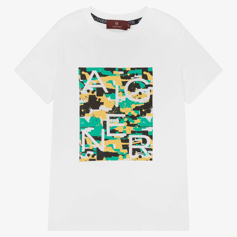 AIGNER - Бело-зеленая хлопковая футболка | Childrensalon