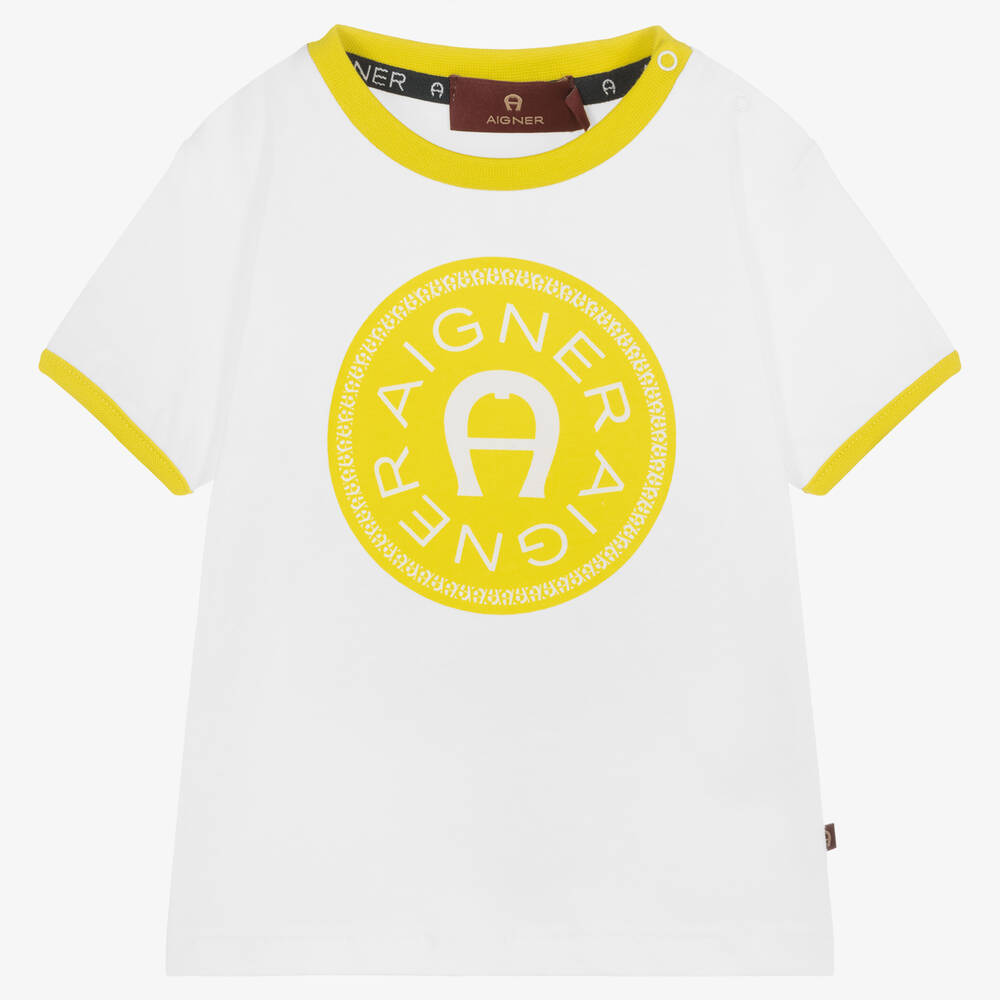 AIGNER - Boys White & Green Logo Cotton T-Shirt | Childrensalon