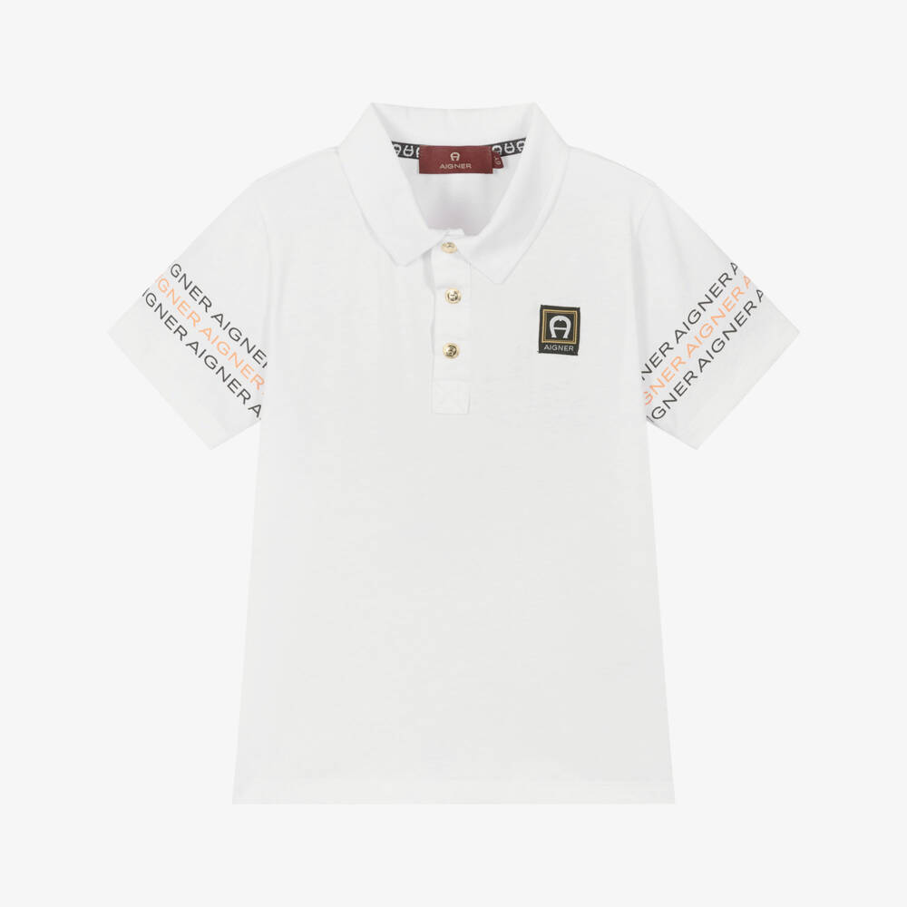 AIGNER-Boys White Jersey Polo Shirt with Logo Sleeves | Childrensalon Outlet