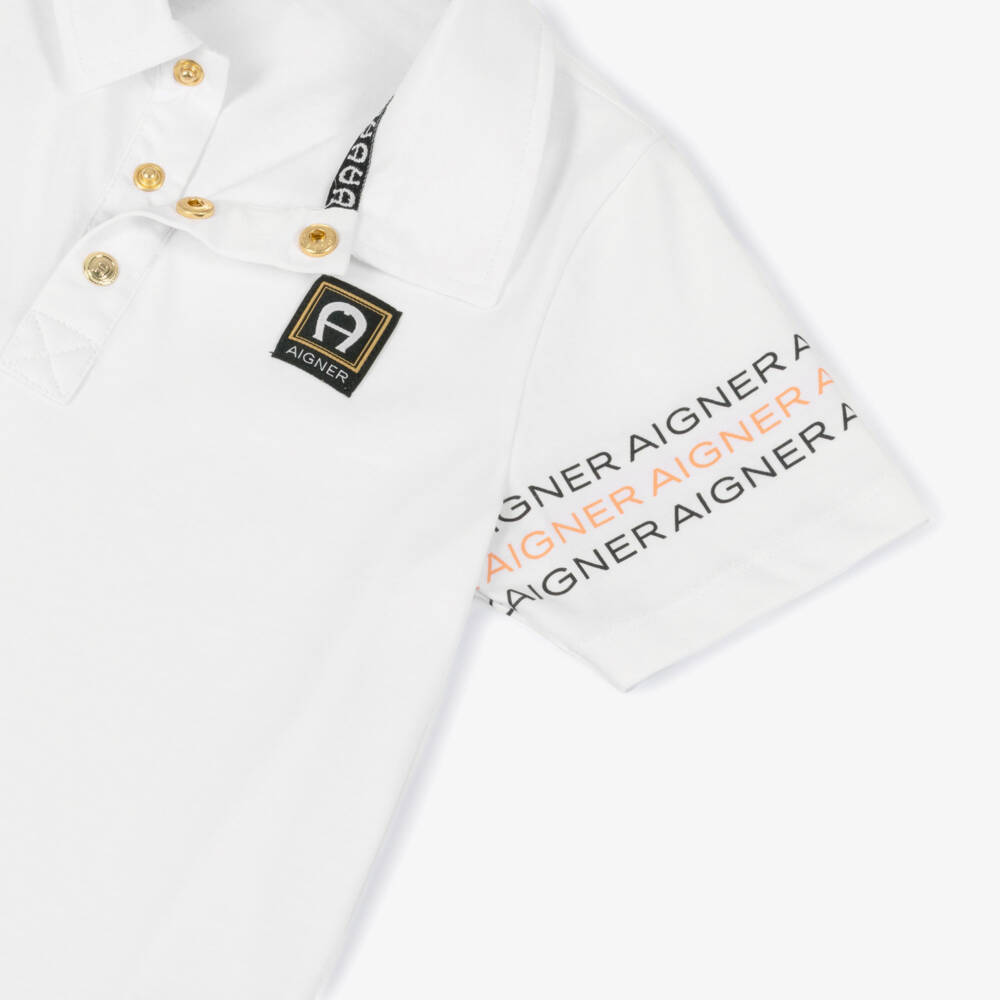 AIGNER-Boys White Jersey Polo Shirt with Logo Sleeves | Childrensalon Outlet