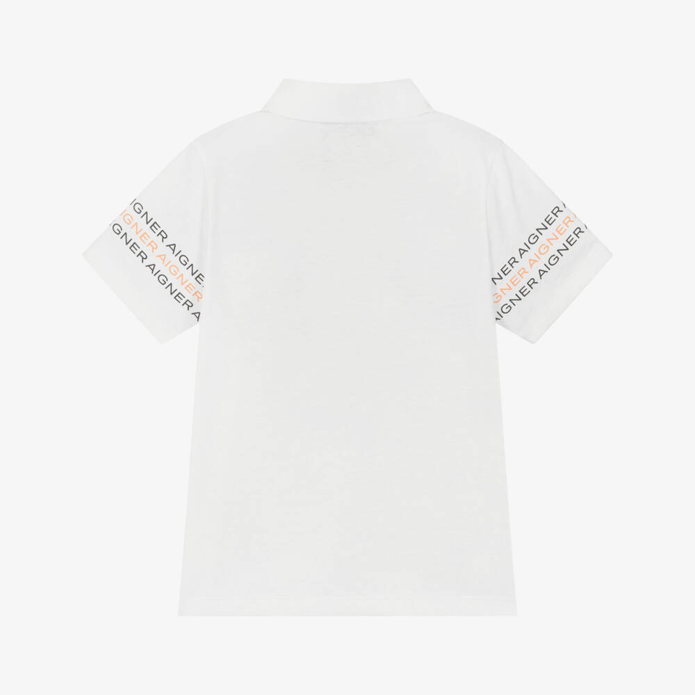 AIGNER-Boys White Jersey Polo Shirt with Logo Sleeves | Childrensalon Outlet