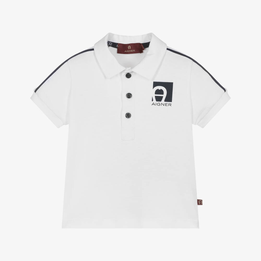 AIGNER-Boys White Jersey Polo Shirt with Navy Blue Trim | Childrensalon Outlet
