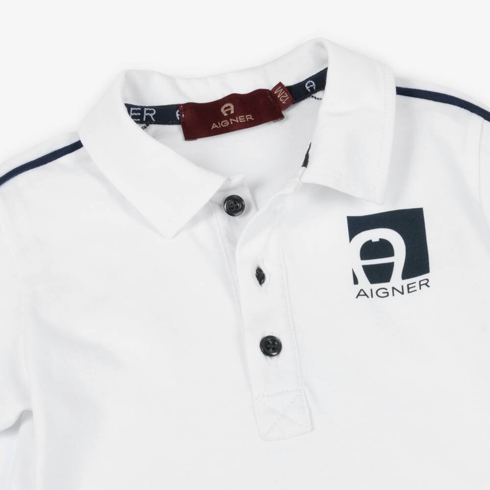 AIGNER-Boys White Jersey Polo Shirt with Navy Blue Trim | Childrensalon Outlet