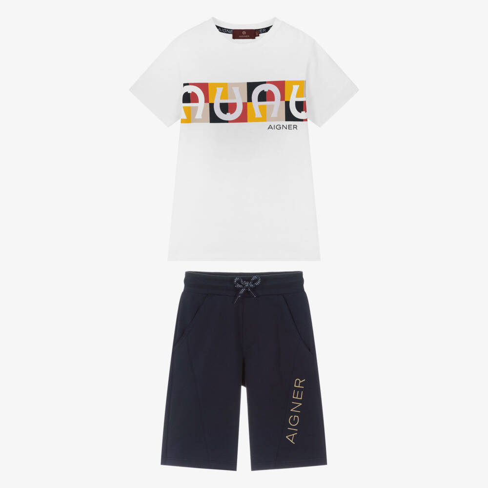 AIGNER-Boys White & Navy Blue Cotton Drawstring Shorts Set | Childrensalon Outlet