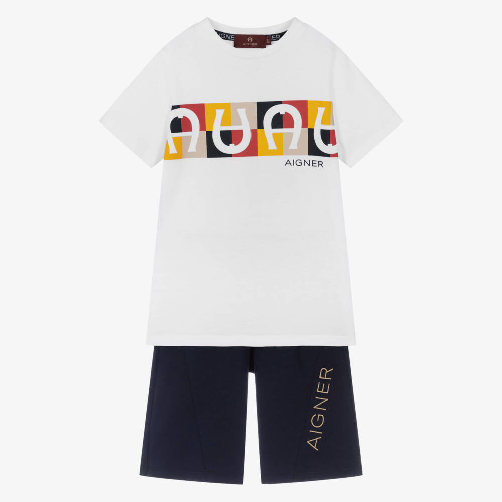 AIGNER-Boys White & Navy Blue Cotton Drawstring Shorts Set | Childrensalon Outlet