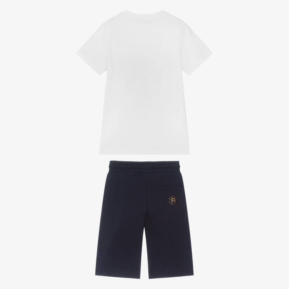 AIGNER-Boys White & Navy Blue Cotton Drawstring Shorts Set | Childrensalon Outlet