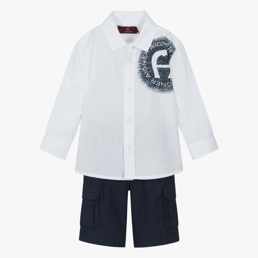AIGNER-Boys White & Navy Blue Cotton Shorts Set | Childrensalon Outlet
