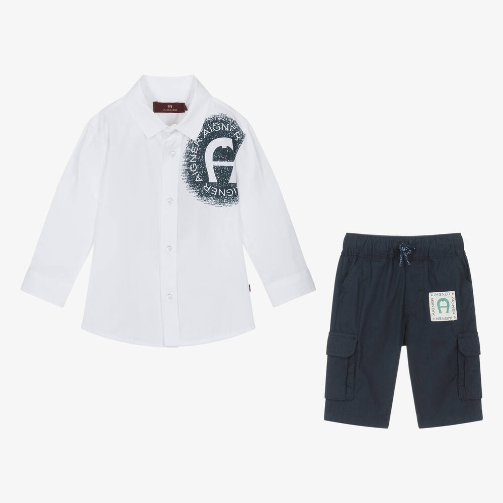 AIGNER-Boys White & Navy Blue Cotton Shorts Set | Childrensalon Outlet