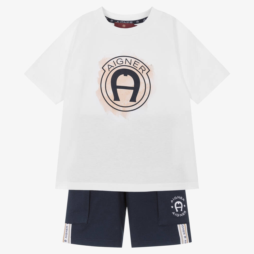 AIGNER - Shorts-Set in Weiß und Navyblau (J) | Childrensalon