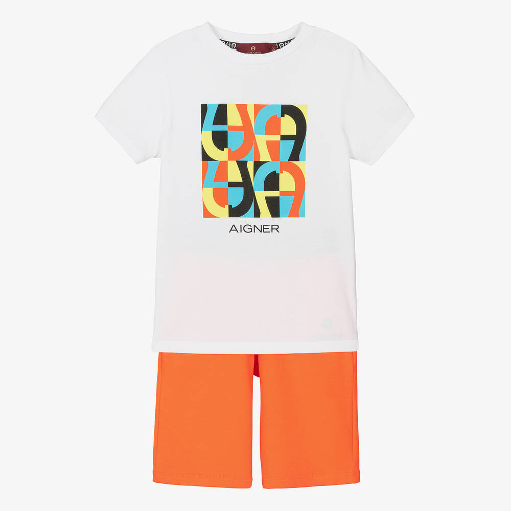 AIGNER-طقم شورت قطن لون أبيض وبرتقالي للأولاد | Childrensalon Outlet
