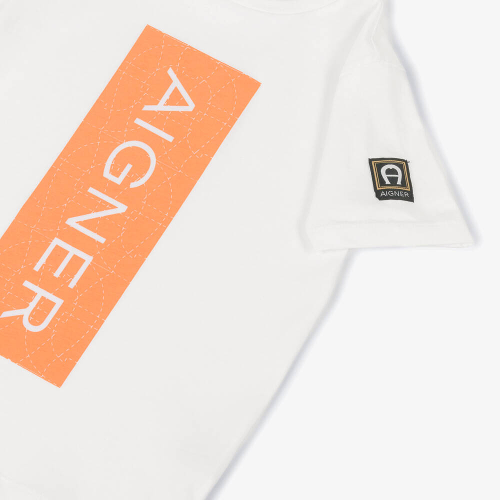 AIGNER-Boys White & Orange Logo Cotton Jersey T-Shirt | Childrensalon Outlet